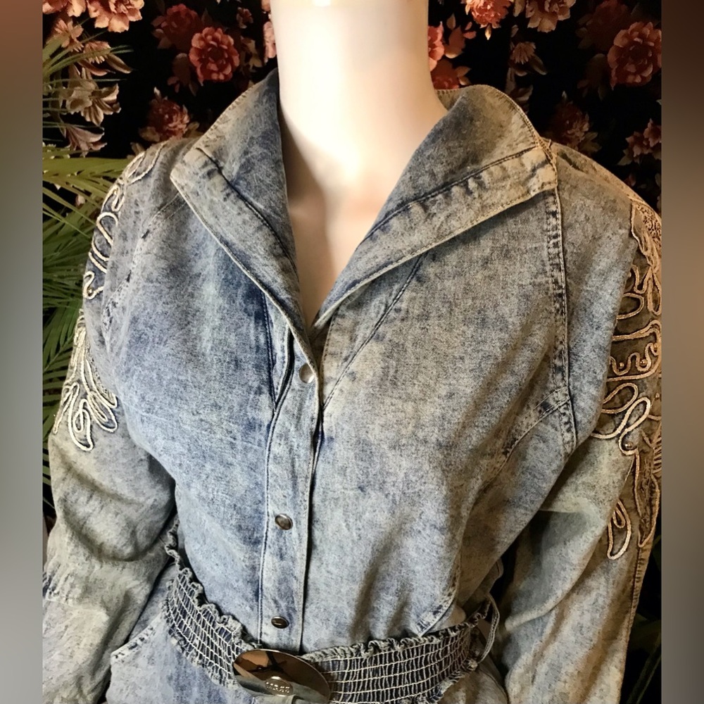 La Tierra Embroidered Denim Snap Button Utility Jumpsuit w/ Belt & Shoulder Pads